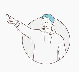 Portrait of a smiling man pointing fingers away. Hand drawn style vector design illustrations.