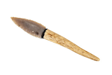 flint knife - stone age tool - leaf blade in deer antler isolated on white background