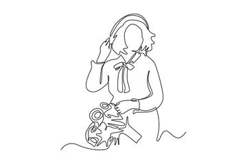 Continuous one line drawing happy woman welcoming spring. Spring concept. Single line draw design vector graphic illustration.