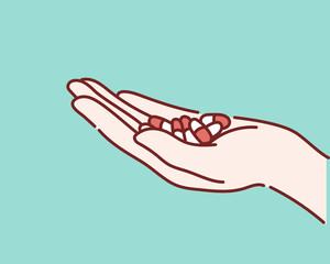 Medicine pills or capsules in hand, Medicine in palm. Hand drawn style vector design illustrations.