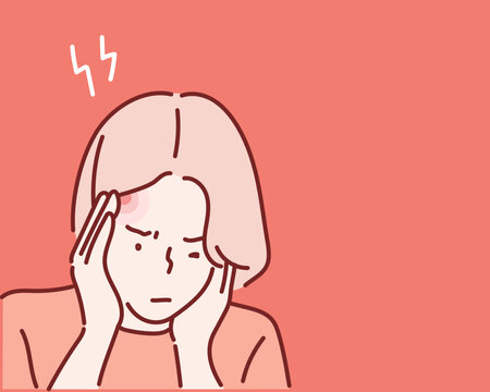 Health And Pain. Stressed Exhausted Young Woman Having Strong Tension Headache. Hand drawn style vector design illustrations.