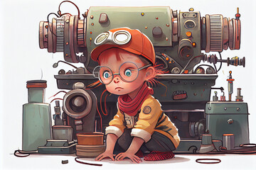 A small child - a girl or a boy - is a mechanical engineer. Illustration for a children's magazine or book about different professions of people.