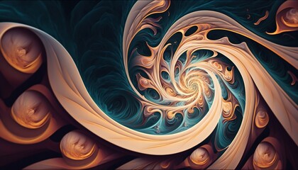  a computer generated image of a swirly pattern in blue and gold colors with a black background and a white center in the middle of the image.  generative ai