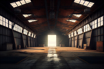 Large empty military hangar or warehouse, interior. - obrazy, fototapety, plakaty