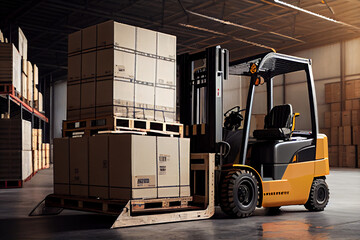 A forklift loads pallets and boxes onto racks in a huge hangar or warehouse. AI generative.