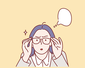 Oop! Something went wrong! Businesswoman lifting glasses frame. Hand drawn style vector design illustrations.