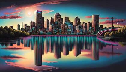  a painting of a city at night with a reflection of the city in the water and a bridge in the foreground with a pink and blue sky.  generative ai