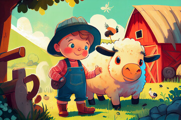 Child is a farmer. Illustration for a children's magazine or book about different professions of people.