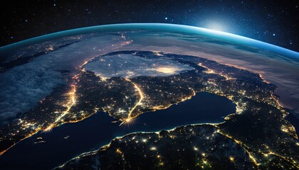  a view of the earth from space at night, with lights of cities and lights of lights on the land and the water in the ocean.  generative ai