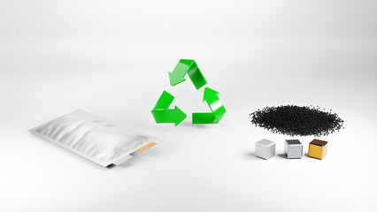 Degraded lithium polymer cell, recycling symbol and lithium battery components. The concept of recycling used lithium batteries. 3D render