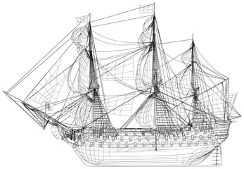 Vintage ship. The layers of visible and invisible lines are separated