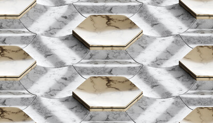 Seamless and tileable pattern of hexagonal marble tiles. 3D render