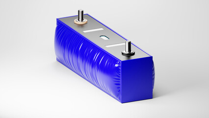 A cell of a lithium battery swollen from degradation isolated on white background. 3d render