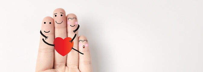 Happy family on fingers holding red heart mean medical health care icons on white backgorund. ...