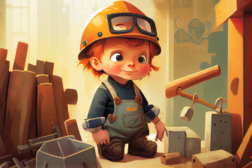 The child is a civil engineer, works at a construction site. A series of pictures for a children's book is dedicated to people's professions.
