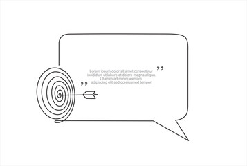 Continuous one line drawing of arrow on target circle and speech bubble. Trendy line art vector on a white background. Vector illustration.
