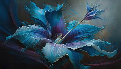 Obraz premium a painting of a blue flower on a black background with a blue flower in the middle of the painting and a blue flower in the middle of the painting. generative ai