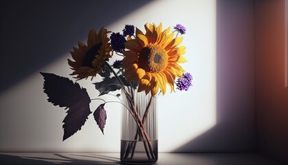  a vase with sunflowers and other flowers in it sitting on a table in front of a window with the sun shining on the wall.  generative ai