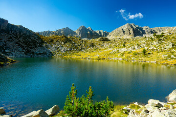Pyrenees Pessons peak and lakes in Andorra - obrazy, fototapety, plakaty
