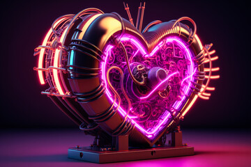 Biomechanical, technology, a heart-shaped neon sign engine, sparkplug, car, future, invention, love, Valentine's Day, Synthwave, cyberpunk, realistic 3D generative AI, colorful glow, a box, a cage, a 