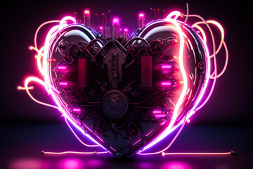 Biomechanical, technology, a heart-shaped neon sign, Valentine's Day, Synthwave, cyberpunk, realistic 3D generative AI, colorful glow, a box, a cage, a tabletop, and Tesla