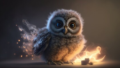  a small owl sitting on top of a table next to a burning piece of wood and a glowing object in the foreground of the image.  generative ai