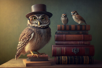 Cunning owl in a hat and glasses sits on books