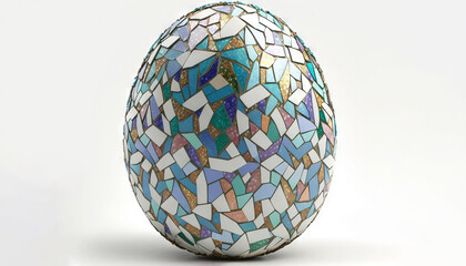  a mosaic egg sitting on top of a white tablecloth covered tablecloth with a blue and green design on it's side and a white background.  generative ai
