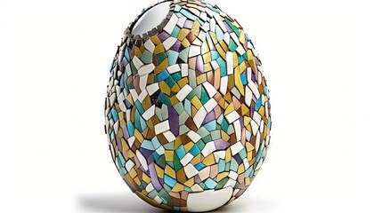 Obraz premium a mosaic egg sitting on top of a white tablecloth covered tablecloth with a white background and a white wall behind it, with a white background. generative ai