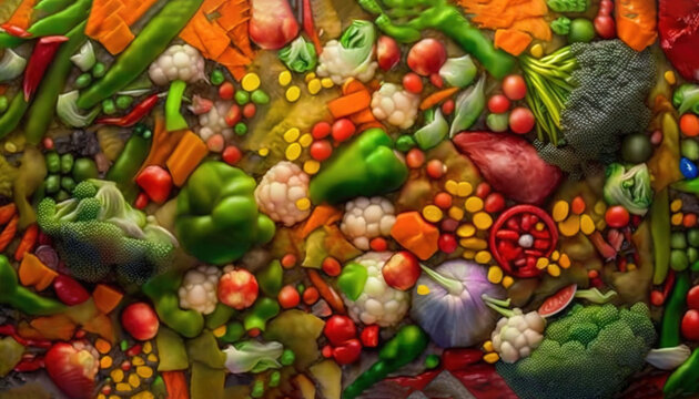 a painting of many different types of fruits and vegetables on a surface with a variety of colors and sizes of fruits and vegetables on the surface.  generative ai