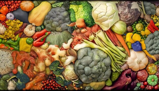  a painting of many different types of vegetables and fruits and vegetables are depicted in this picture, including broccoli, cauliflower, carrots, and other vegetables.  generative ai