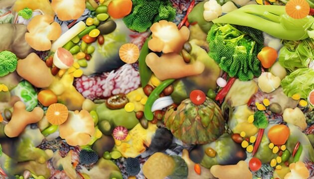  a very colorful picture of a bunch of vegetables and fruits and veggies on a surface of a very colorful pattern of vegetables and fruits and veggies on the surface.  generative ai