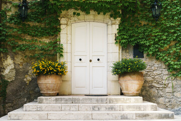 Fototapeta na wymiar Beautiful white doors with decorative green plants and flowers near the house's stone walls.