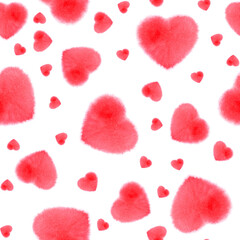 Watercolor seamless pattern with red hearts. Watercolor romantic texture.