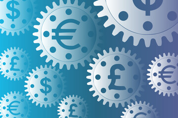Vector concept, money makes the world go round. A gear mechanism with dollar, euro and pound sterling currency signs	