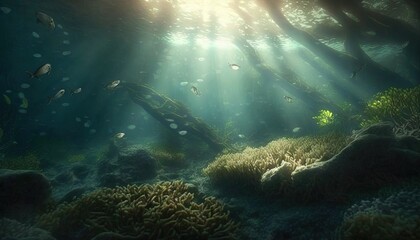 Fototapeta premium an underwater scene of a coral reef with sunlight streaming through the water and fish swimming in the corals below the water surface, with sunlight streaming through the water. generative ai