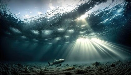 Obraz premium a fish swimming in the ocean with sunbeams coming through the water's waterline, with the light coming through the water's surface. generative ai