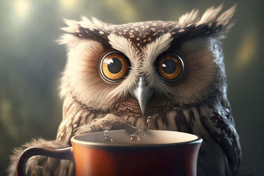 Owl With Big Eyes Drinks Coffee