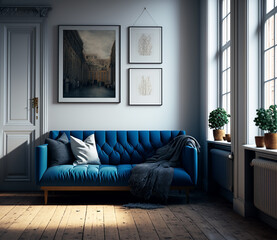 Bright living room with blue sofa. Modern interior design. Generative AI