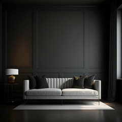 Fototapeta na wymiar Dark simple interior background, living room with gray sofa, window and black wall, Generative AI