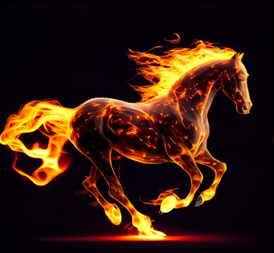horse that is on fire on a black background. Generative AI.