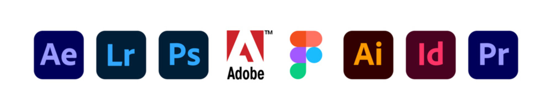 Adobe company app logo. Photoshop, premiere pro, figma, illustrator, after effects, lightroom, indesign web logotype editorial in vector flat style.