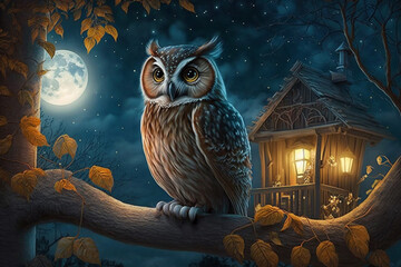 owl at night on a branch with tree house lanterns moon and stars