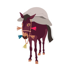 Donkey with Harness Standing with Heavy Crop Sacks on Its Back Vector Illustration