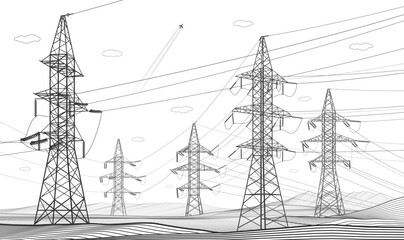 High voltage transmission systems. Electric pole. Power lines. Energy pylons. Black outlines image. A network of interconnected electrical. Vector design illustration