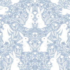 Materiał do szycia Symmetrical easter vintage seamless pattern with white hares in folk style with fantastic flowers. Cartoon cute animal characters in hand-drawn doodle style. Limited monochrome pastel palette. Vector.