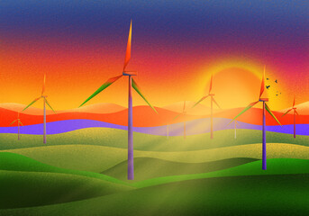 Wind farms on a green field at sunset