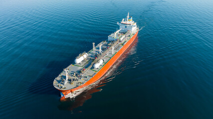 Aerial view of LPG gas ship. Gas carrier, gas tanker sailing in ocean - 569934169