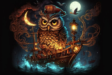 Illustration of an owl on a pirate ship in the sea