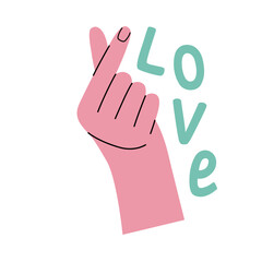 Pink and turquoise gesture love hand fingers with text. Finger heart sticker  in hand drawn style vector illustration